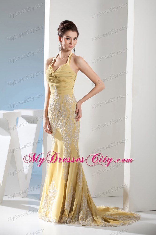 Yellow Mermaid Halter Appliques Ruches Prom Evening Dresses