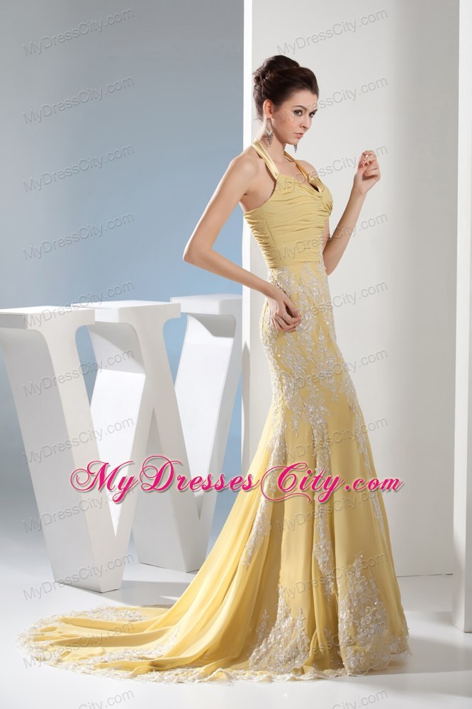 Yellow Mermaid Halter Appliques Ruches Prom Evening Dresses