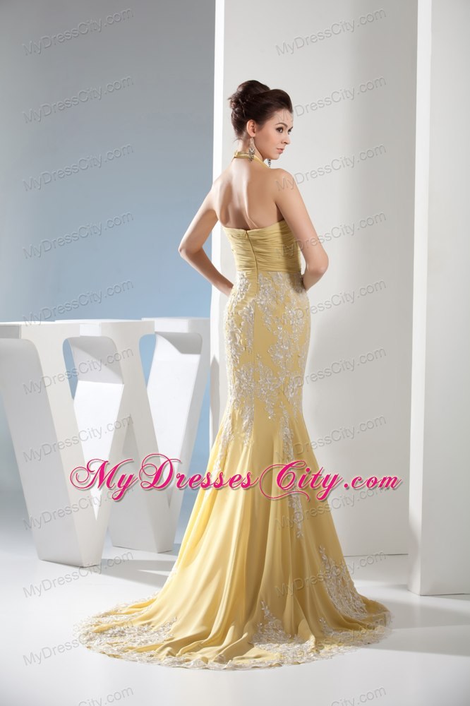 Yellow Mermaid Halter Appliques Ruches Prom Evening Dresses
