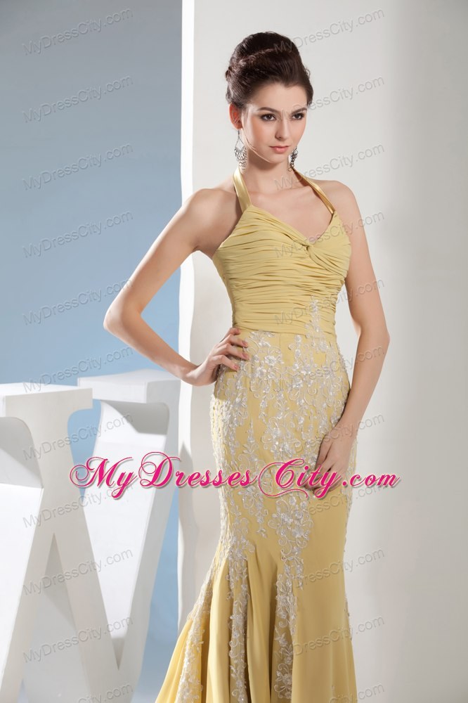 Yellow Mermaid Halter Appliques Ruches Prom Evening Dresses