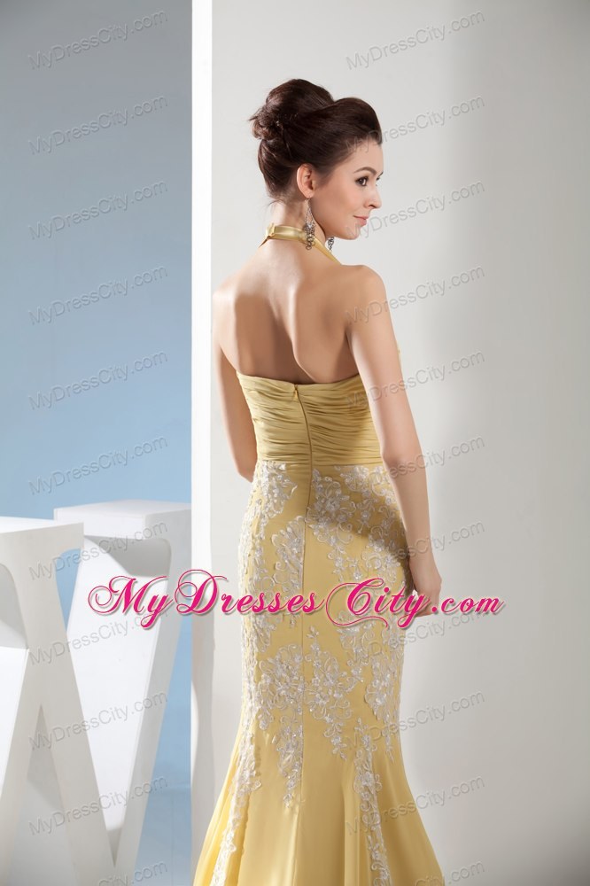 Yellow Mermaid Halter Appliques Ruches Prom Evening Dresses