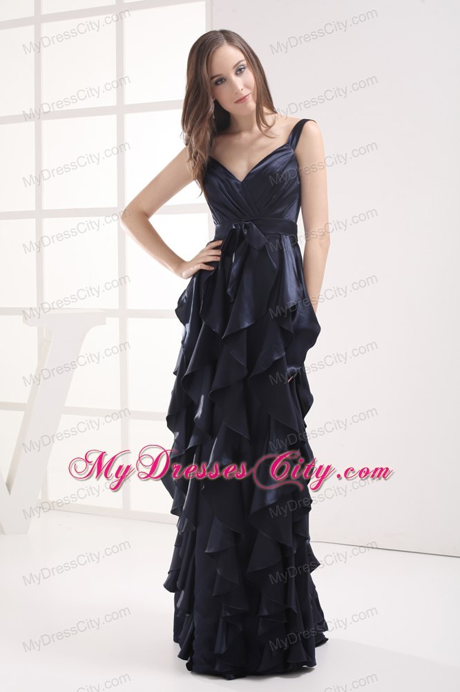 2013 Navy Blue V-neck Ruffled Layers Evening Dress for Girl