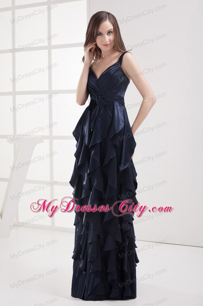 2013 Navy Blue V-neck Ruffled Layers Evening Dress for Girl