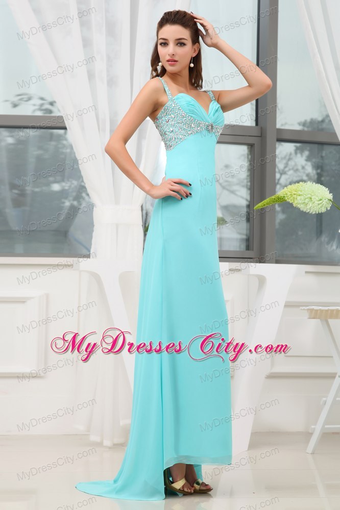 Aqua Blue Beading and Ruches Straps Long Prom Evening Dresses