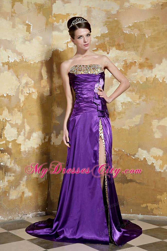 Purple StraplessLeopard Beading High Slit Evening Formal Gowns