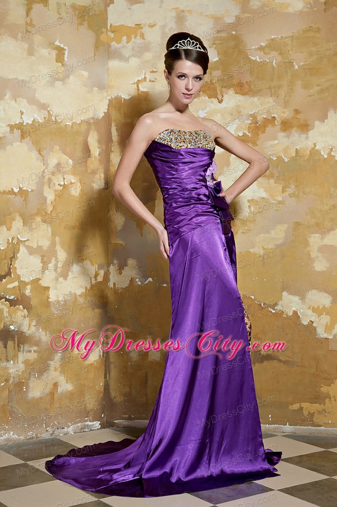 Purple StraplessLeopard Beading High Slit Evening Formal Gowns