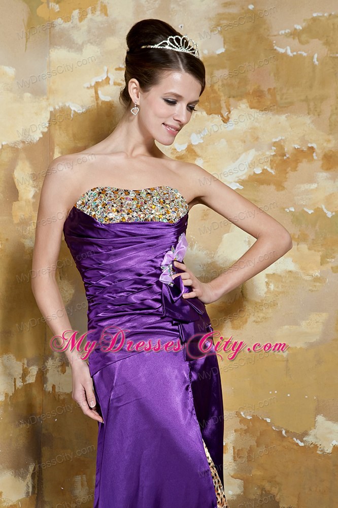 Purple StraplessLeopard Beading High Slit Evening Formal Gowns