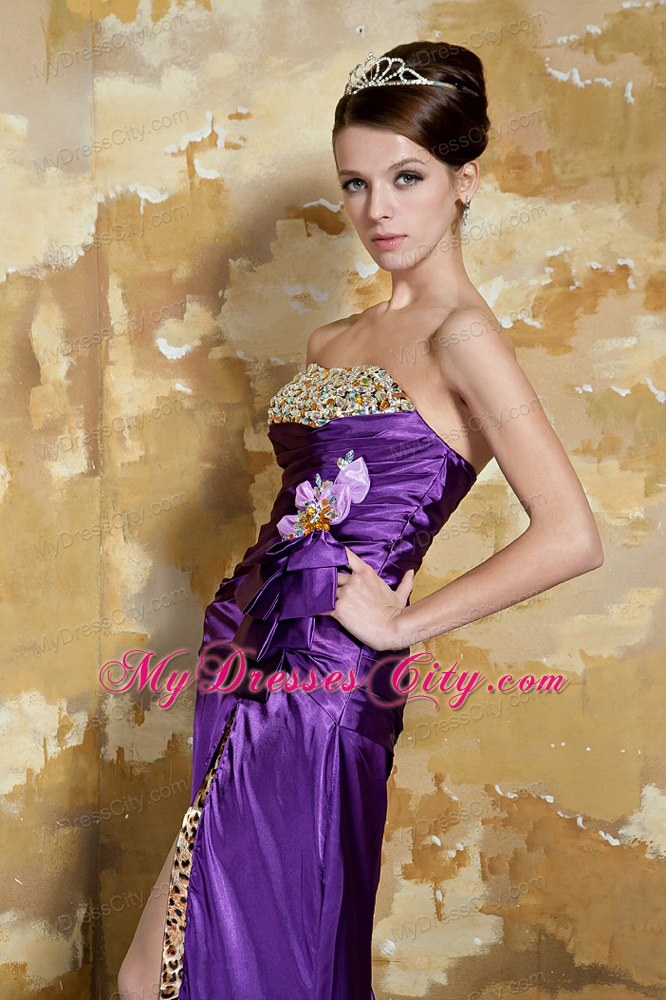Purple StraplessLeopard Beading High Slit Evening Formal Gowns
