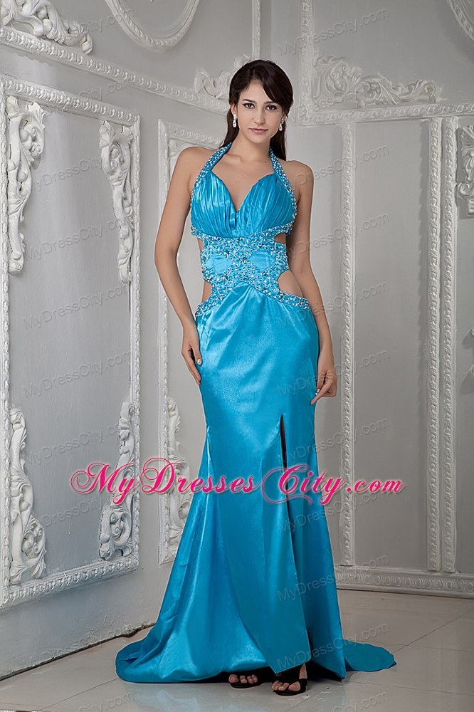 Low Price Teal Halter Evening Dress with Side Cut Out with Beading