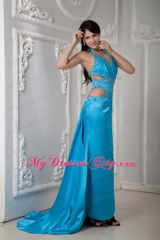 Low Price Teal Halter Evening Dress with Side Cut Out with Beading