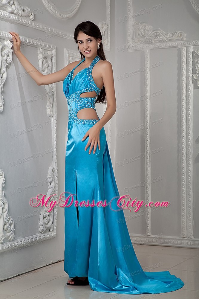 Low Price Teal Halter Evening Dress with Side Cut Out with Beading