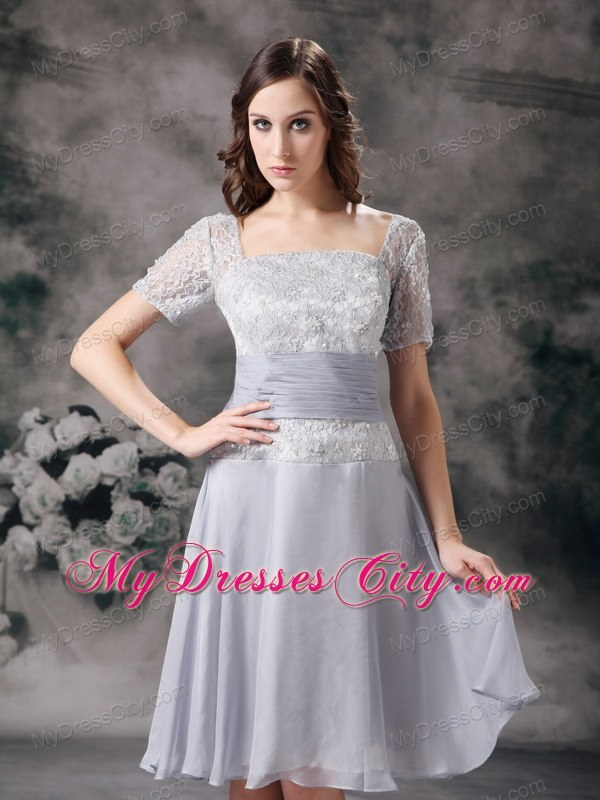 Lilac Square Long Beading Mother Of The Bride Dress with Short Sleeves