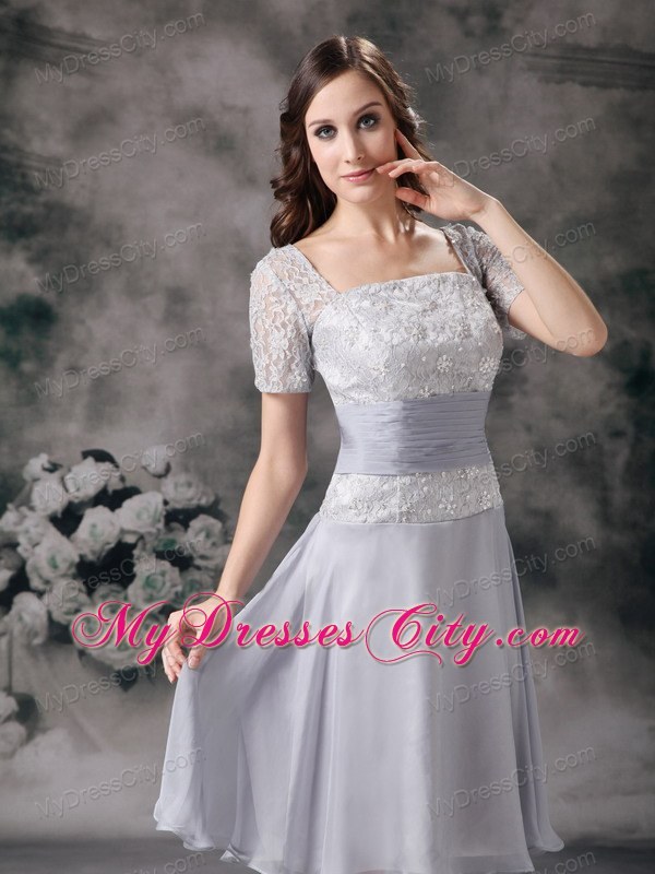 Lilac Square Long Beading Mother Of The Bride Dress with Short Sleeves