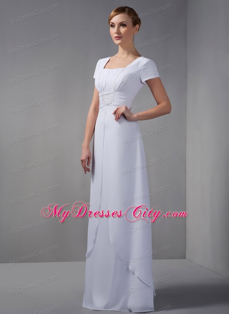 Square White Column Mother Of The Bride Dress Long Chiffon Beading