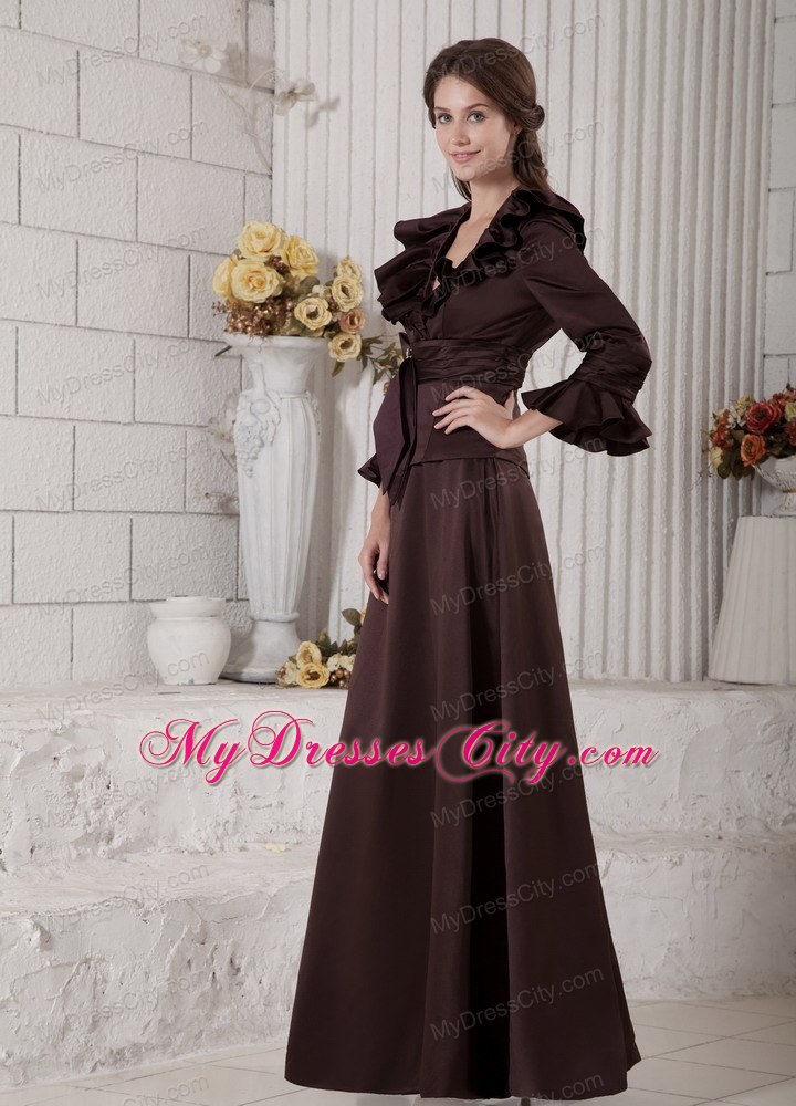 Long Sleeves V-neck Brown Beading Mother Dress for Wedding A-line