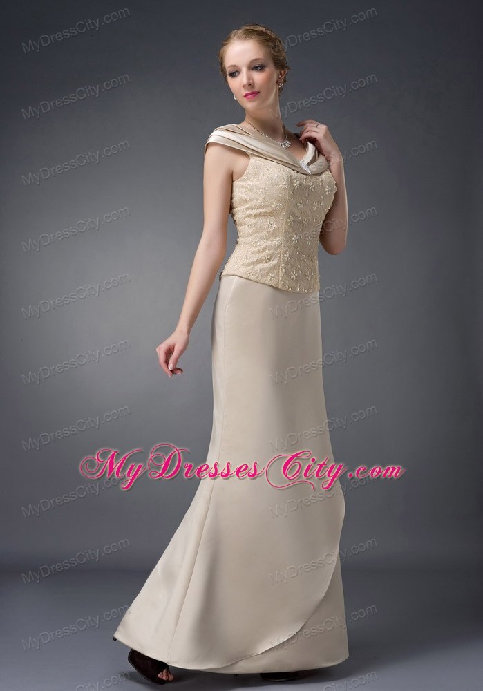 Column V-neck Champagne Long Mother of the Bride Dress Lace Beading