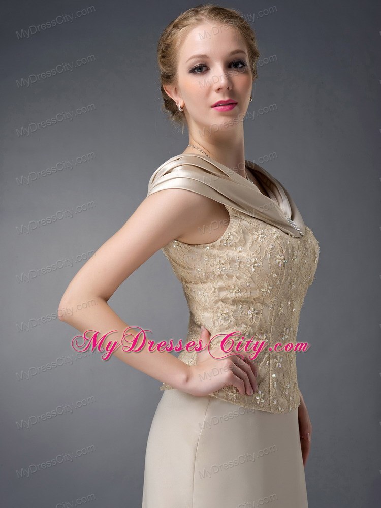 Column V-neck Champagne Long Mother of the Bride Dress Lace Beading