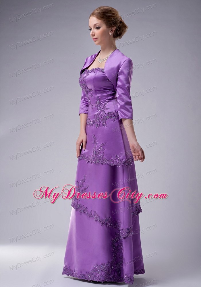Strapless Purple Long Satin Mother Of The Bride Dress with Appliques