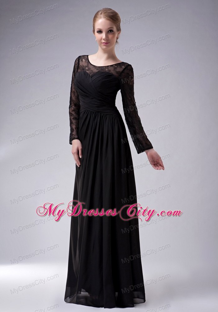 Long Sleeves Black Empire Scoop for Mother Of The Bride Dress Ruche