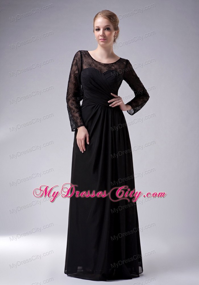 Long Sleeves Black Empire Scoop for Mother Of The Bride Dress Ruche