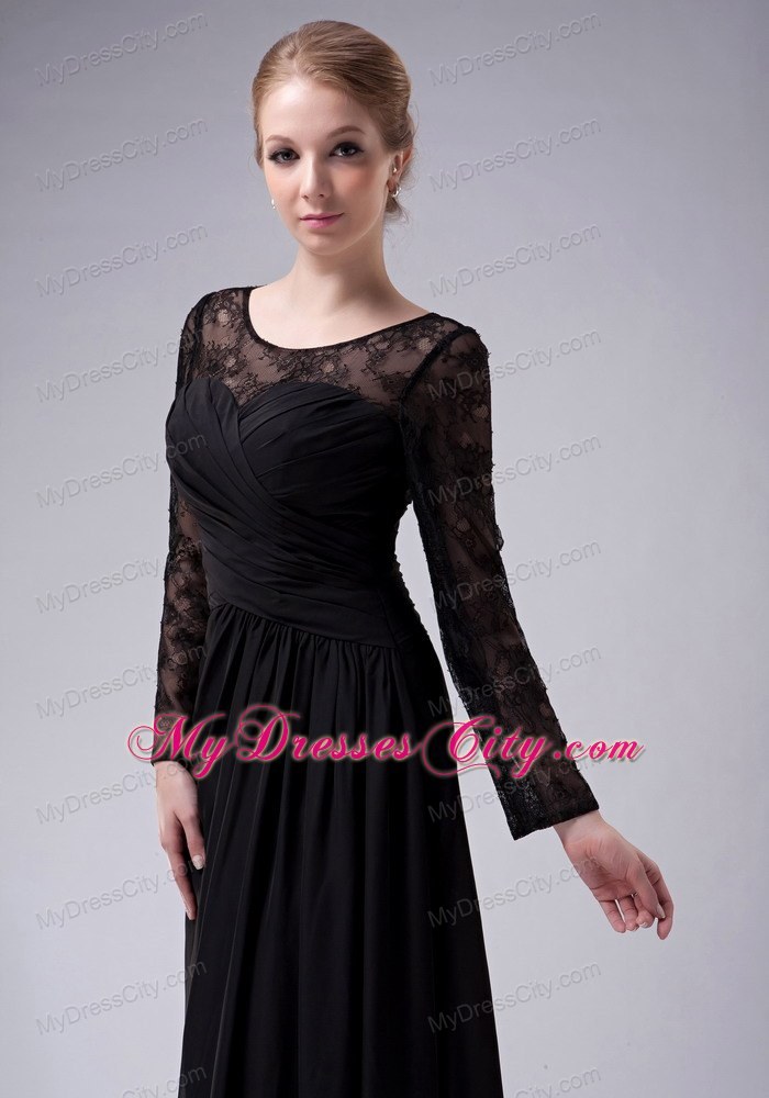 Long Sleeves Black Empire Scoop for Mother Of The Bride Dress Ruche