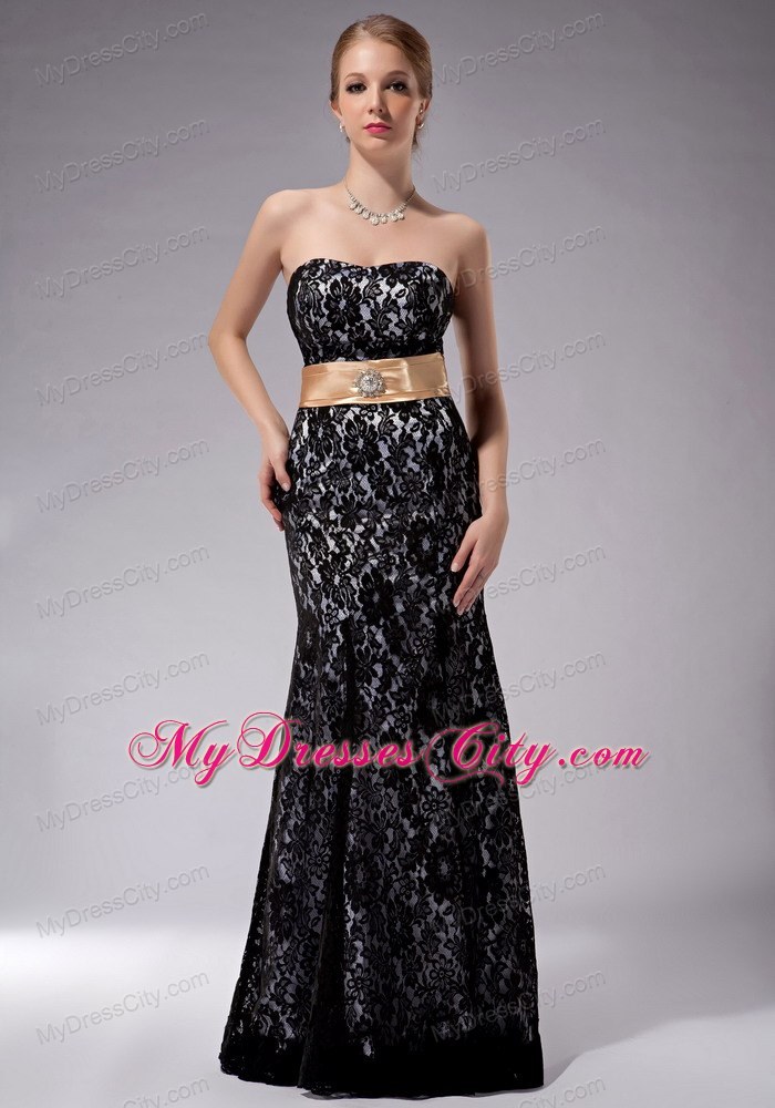 Strapless Floor-length Lace Black Mother of Groom Dress Column Sashes