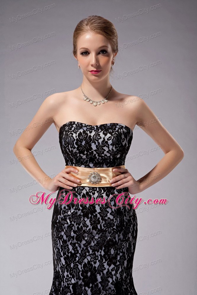 Strapless Floor-length Lace Black Mother of Groom Dress Column Sashes