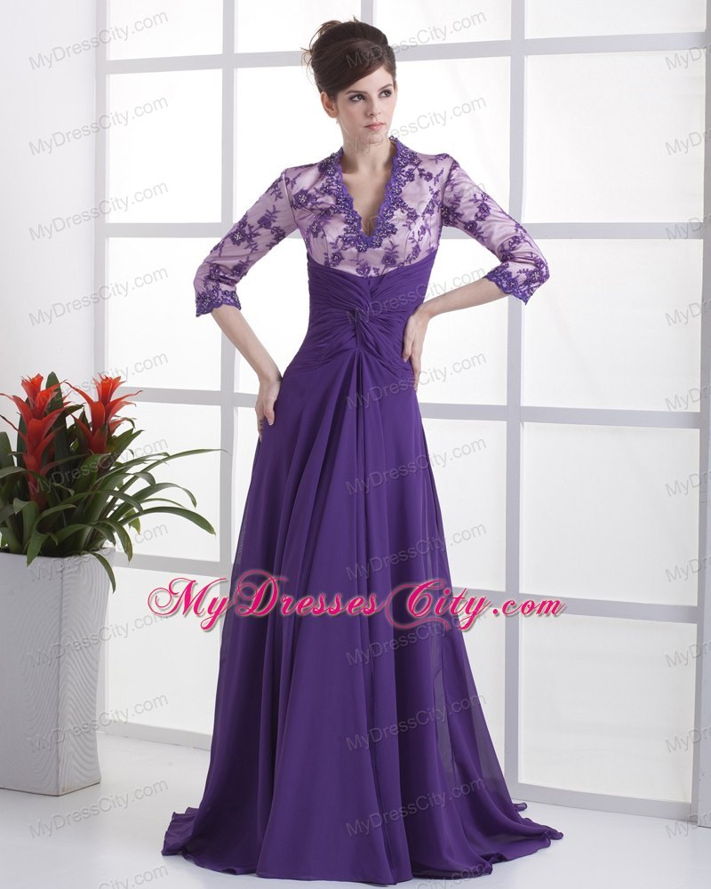 3 4 Sleeves Lace with Beading V-neck Purple Mother Bride Guests Dress