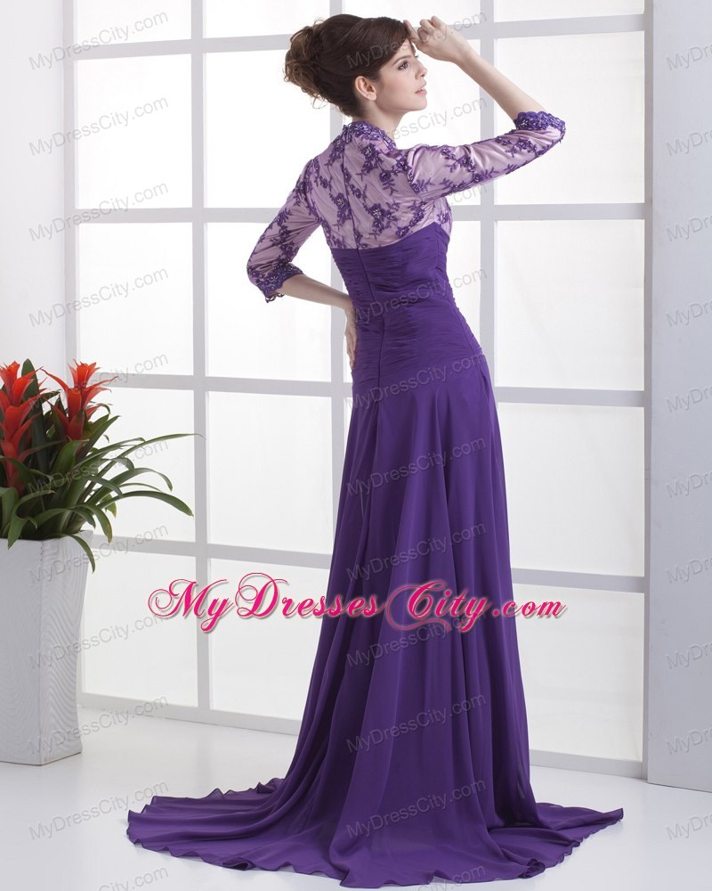 3 4 Sleeves Lace with Beading V-neck Purple Mother Bride Guests Dress