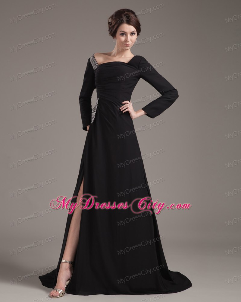 Long Sleeves Beaded High Slit Off The Shoulder Mother of the Groom Dress