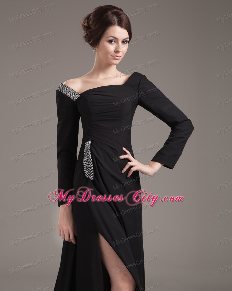 Long Sleeves Beaded High Slit Off The Shoulder Mother of the Groom Dress