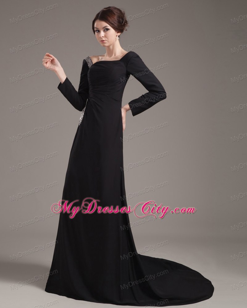 Long Sleeves Beaded High Slit Off The Shoulder Mother of the Groom Dress