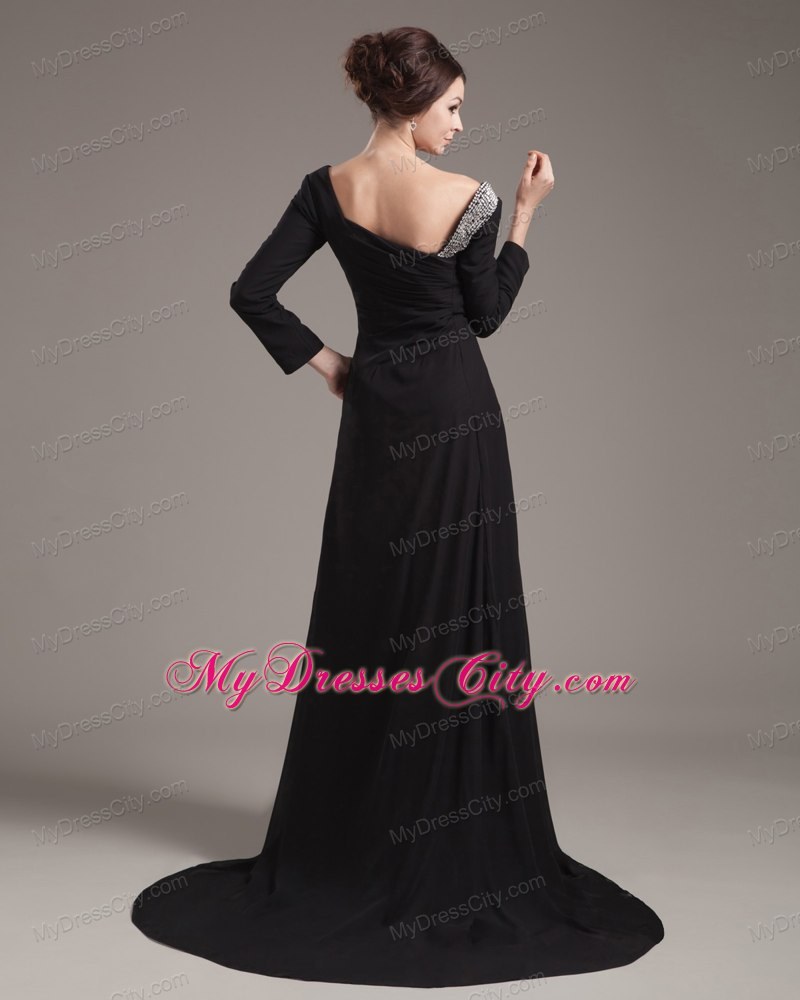 Long Sleeves Beaded High Slit Off The Shoulder Mother of the Groom Dress