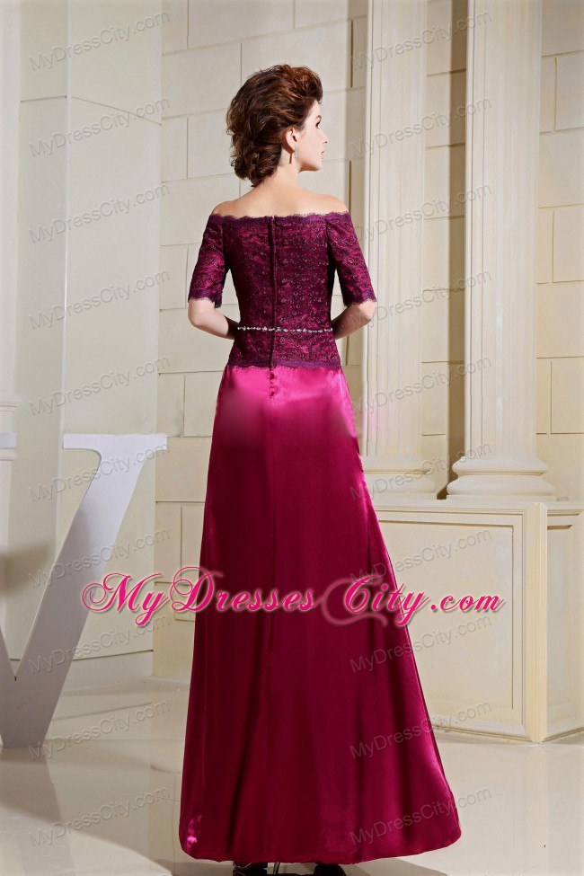 Short Sleeves Hot Pink Mother Bride Guests Dress With Off The Shoulder