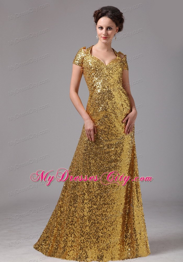 Gold Sweetheart Paillette Over Cap Sleeves Dress For Mothers