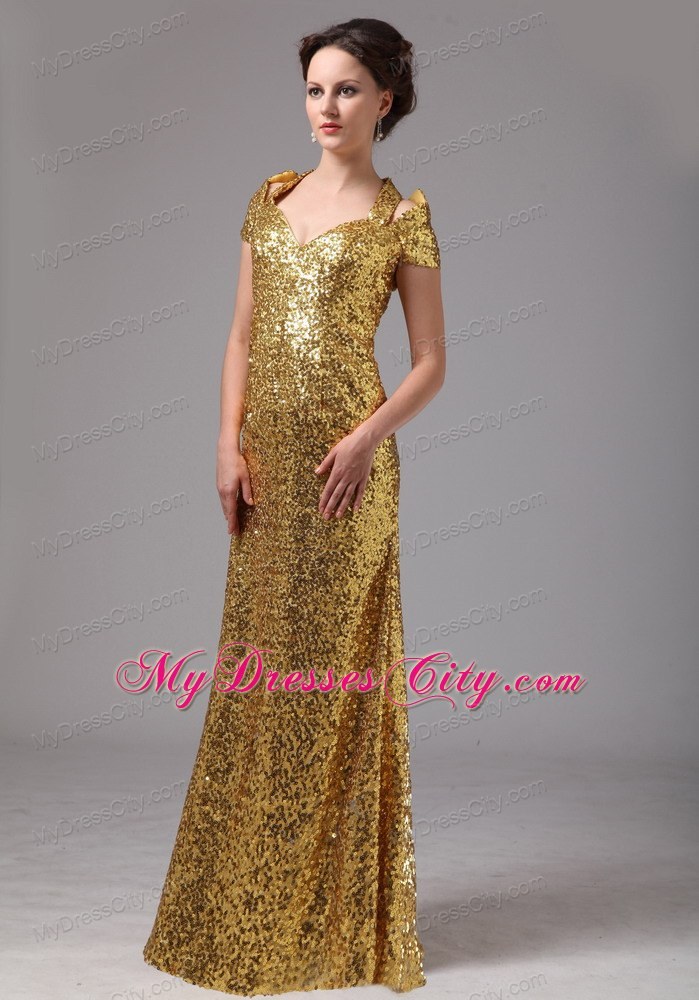 Gold Sweetheart Paillette Over Cap Sleeves Dress For Mothers