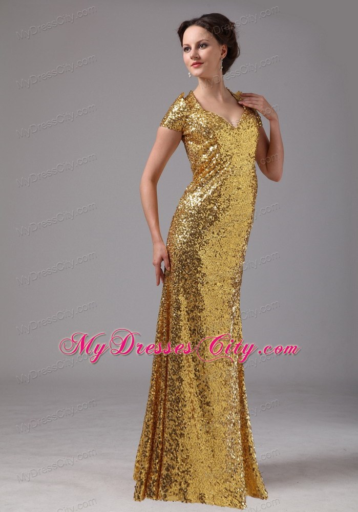 Gold Sweetheart Paillette Over Cap Sleeves Dress For Mothers