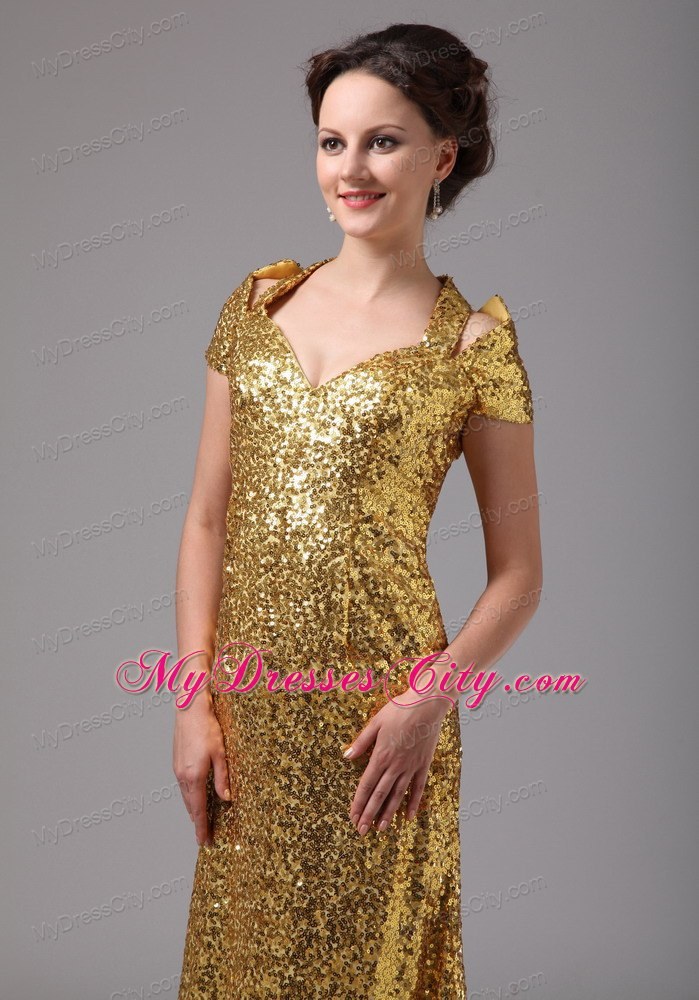 Gold Sweetheart Paillette Over Cap Sleeves Dress For Mothers