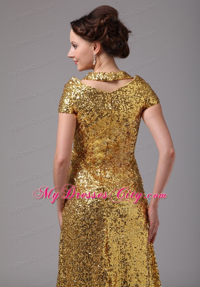 Gold Sweetheart Paillette Over Cap Sleeves Dress For Mothers