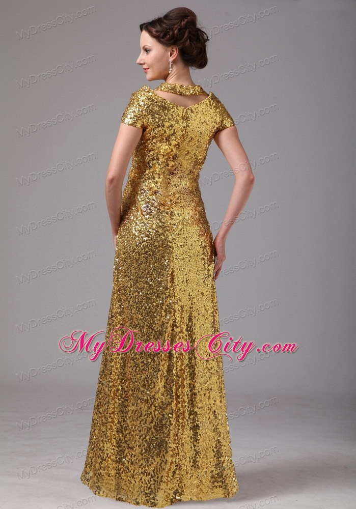 Gold Sweetheart Paillette Over Cap Sleeves Dress For Mothers