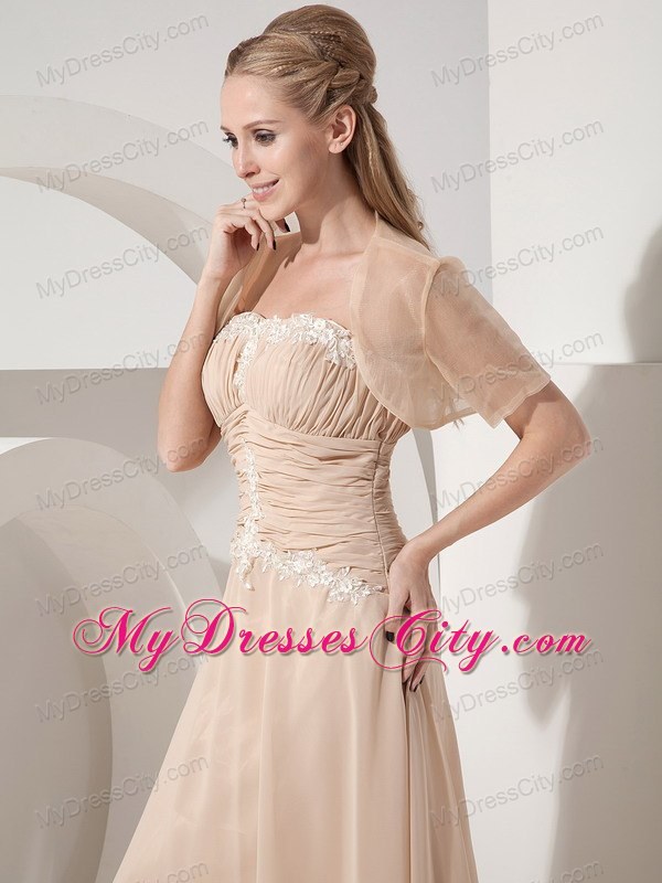 Champagne Pleadted Strapless Tea-length Appliques Mothers Dress
