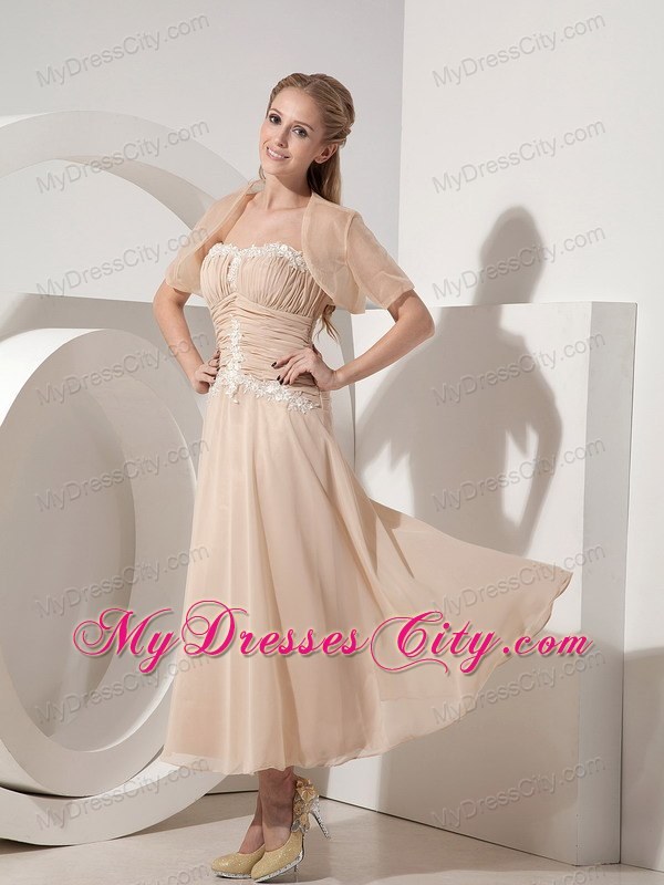 Champagne Pleadted Strapless Tea-length Appliques Mothers Dress