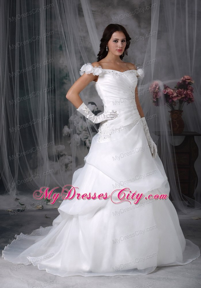 Off The Shoulder Sweep Train Pick-ups Bridal Gown with Beading and Flowers
