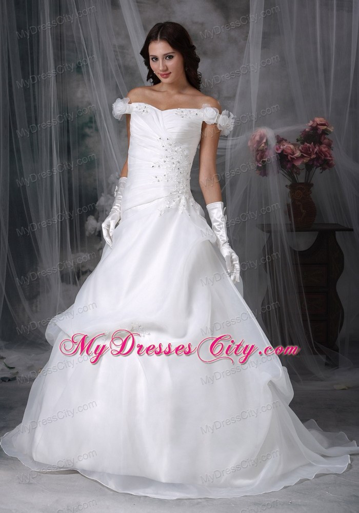 Off The Shoulder Sweep Train Pick-ups Bridal Gown with Beading and Flowers