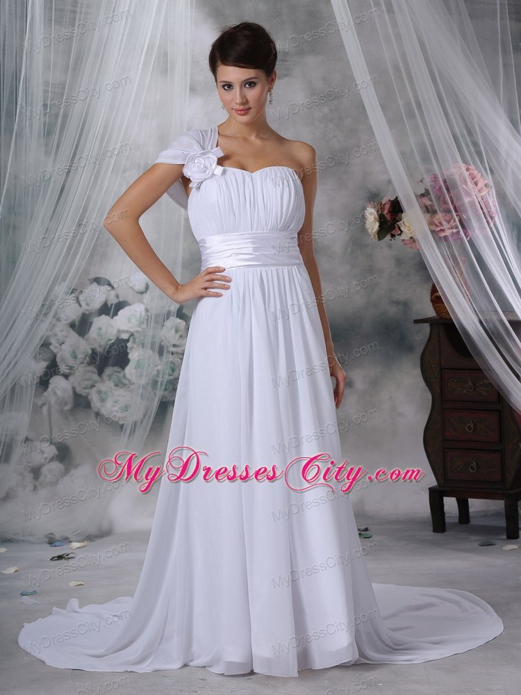 Column Asymmetrical Neckline Court Train Ruched Wedding Dress with Belt