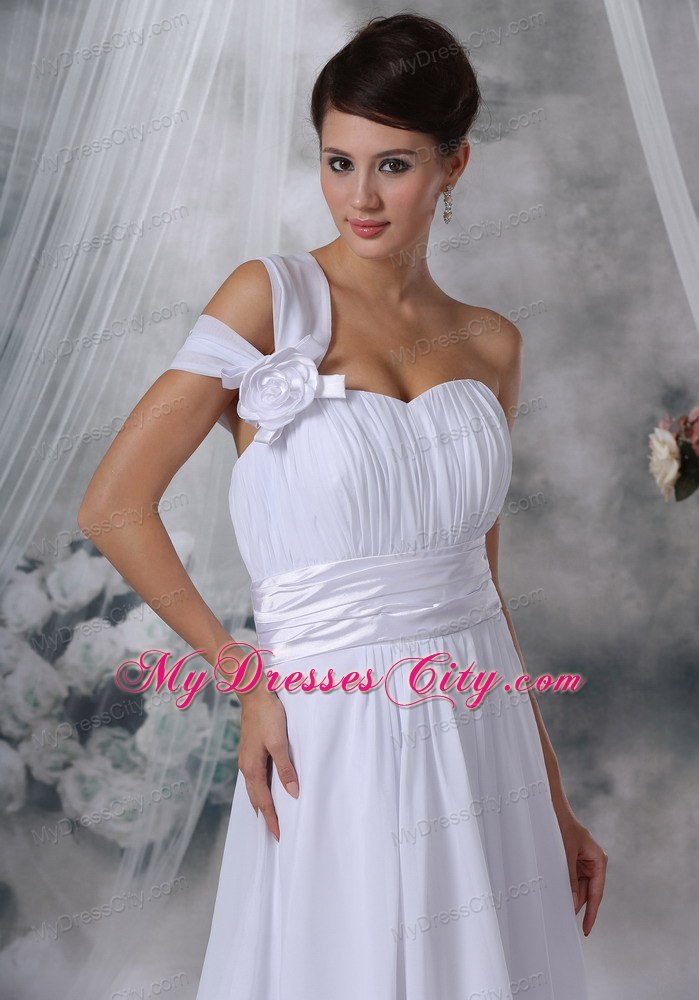 Column Asymmetrical Neckline Court Train Ruched Wedding Dress with Belt