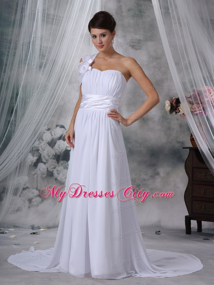 Column Asymmetrical Neckline Court Train Ruched Wedding Dress with Belt