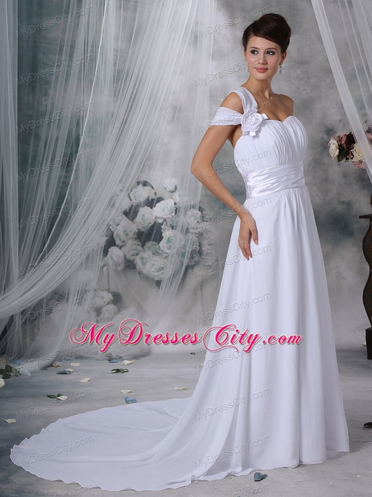Column Asymmetrical Neckline Court Train Ruched Wedding Dress with Belt