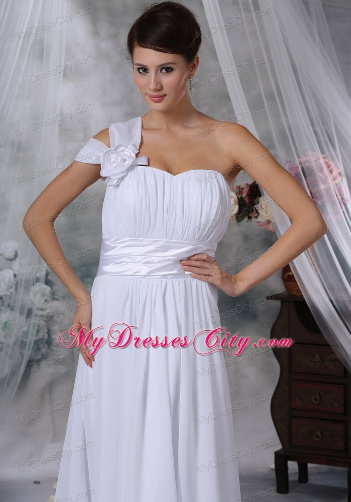 Column Asymmetrical Neckline Court Train Ruched Wedding Dress with Belt