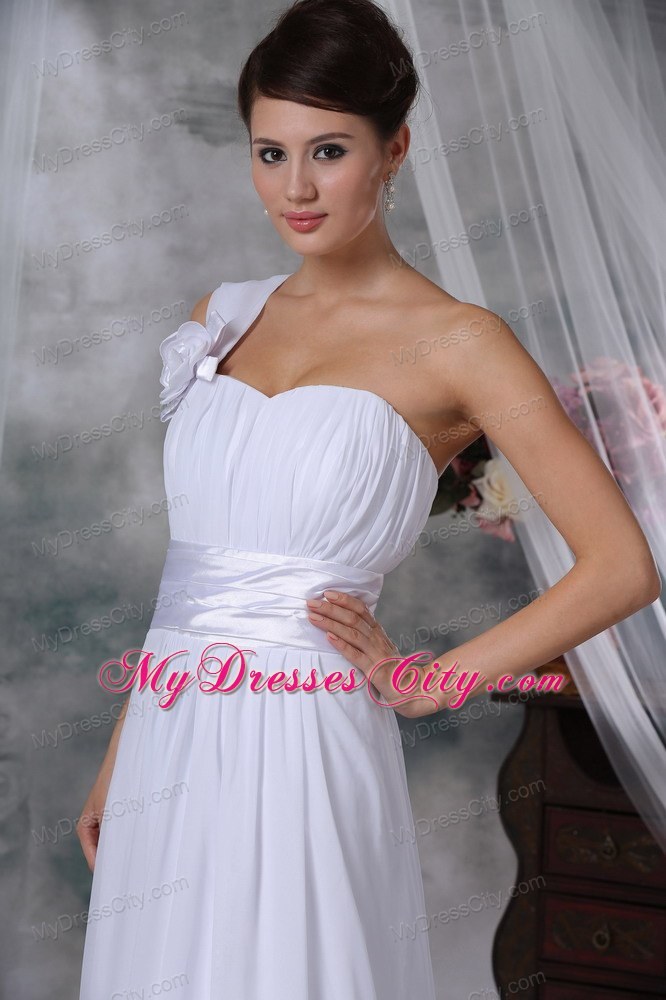 Column Asymmetrical Neckline Court Train Ruched Wedding Dress with Belt